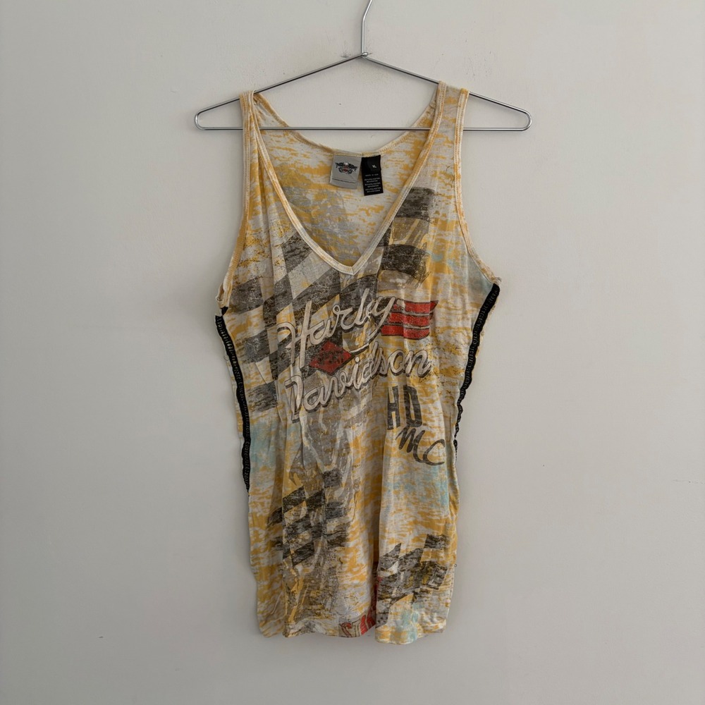 Harley Davidson Womens XL Tank Top V-Neck Graphic Burnout Yellow Checkered